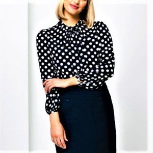 7TH AVENUE Design Studio Black with White Polka Dots Bow Collar Blouse Sz XS /S